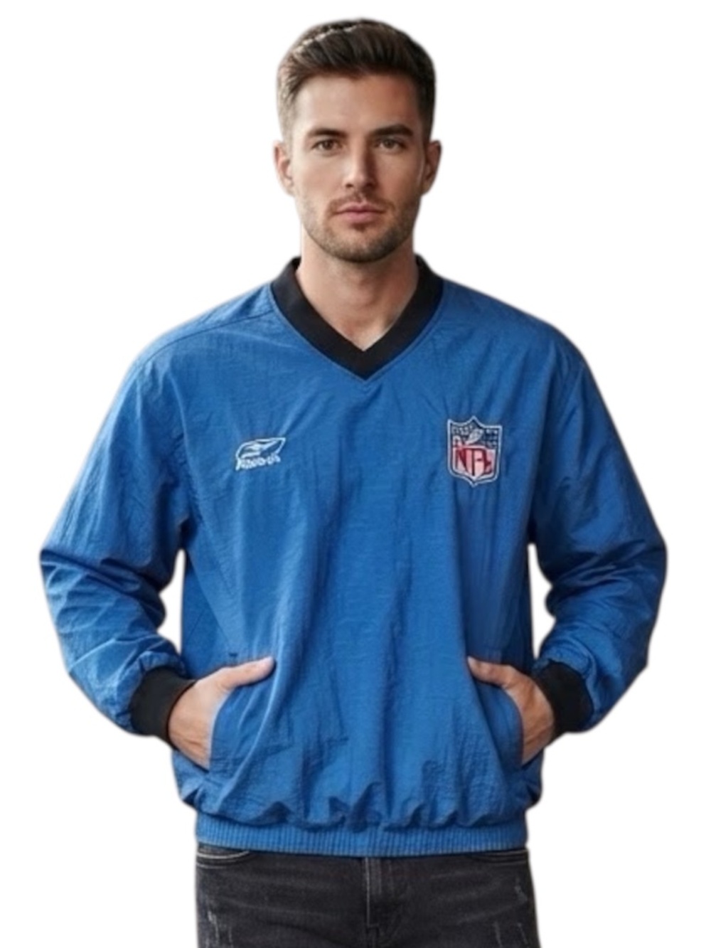 Vintage 90s NFL Reebok Blue V-Neck Pullover Windbreaker Jacket Mens Medium